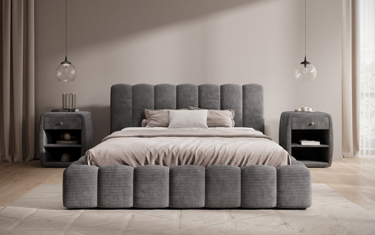 Designerslaapbed Nuveo in ribstof met opbergruimte