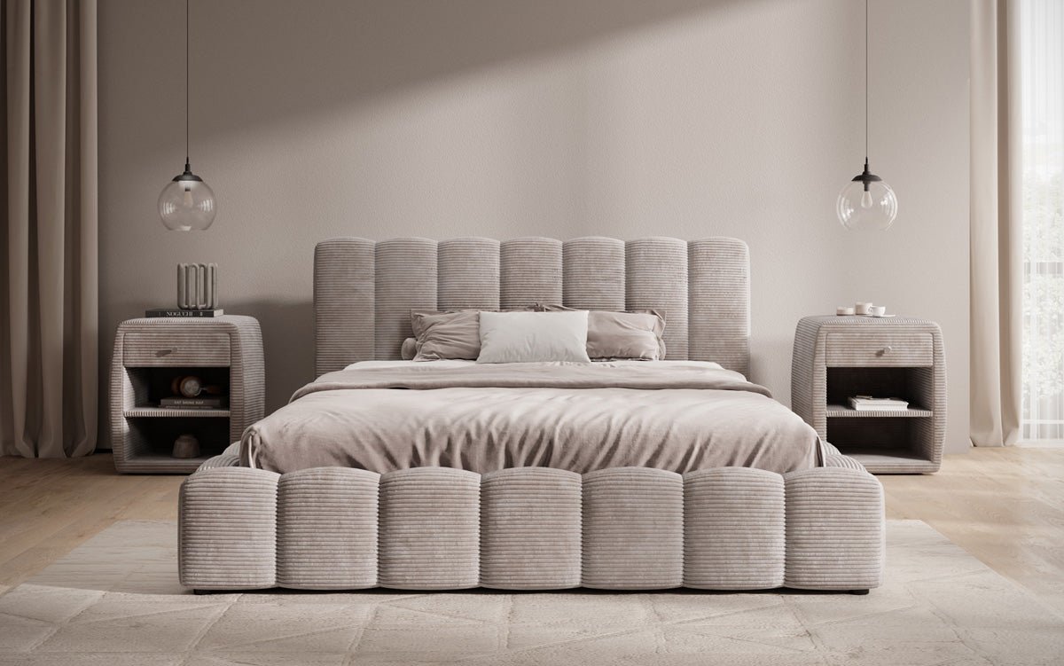 Designerslaapbed Nuveo in ribstof met opbergruimte