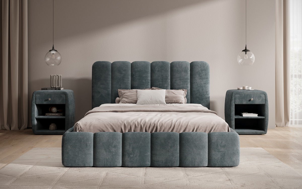 Designerslaapbed Velaro in ribstof met opbergruimte