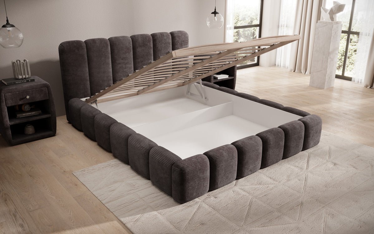 Designerslaapbed Tevara in ribstof met opbergruimte