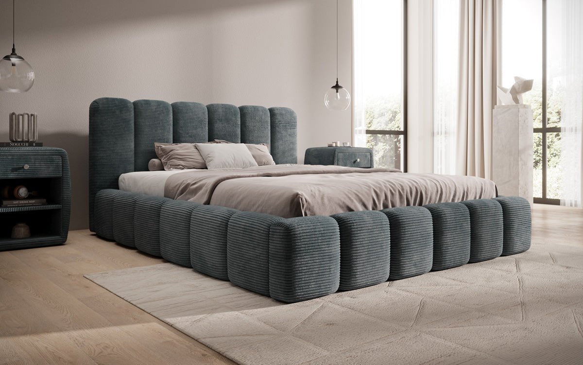 Designerslaapbed Tevara in ribstof met opbergruimte