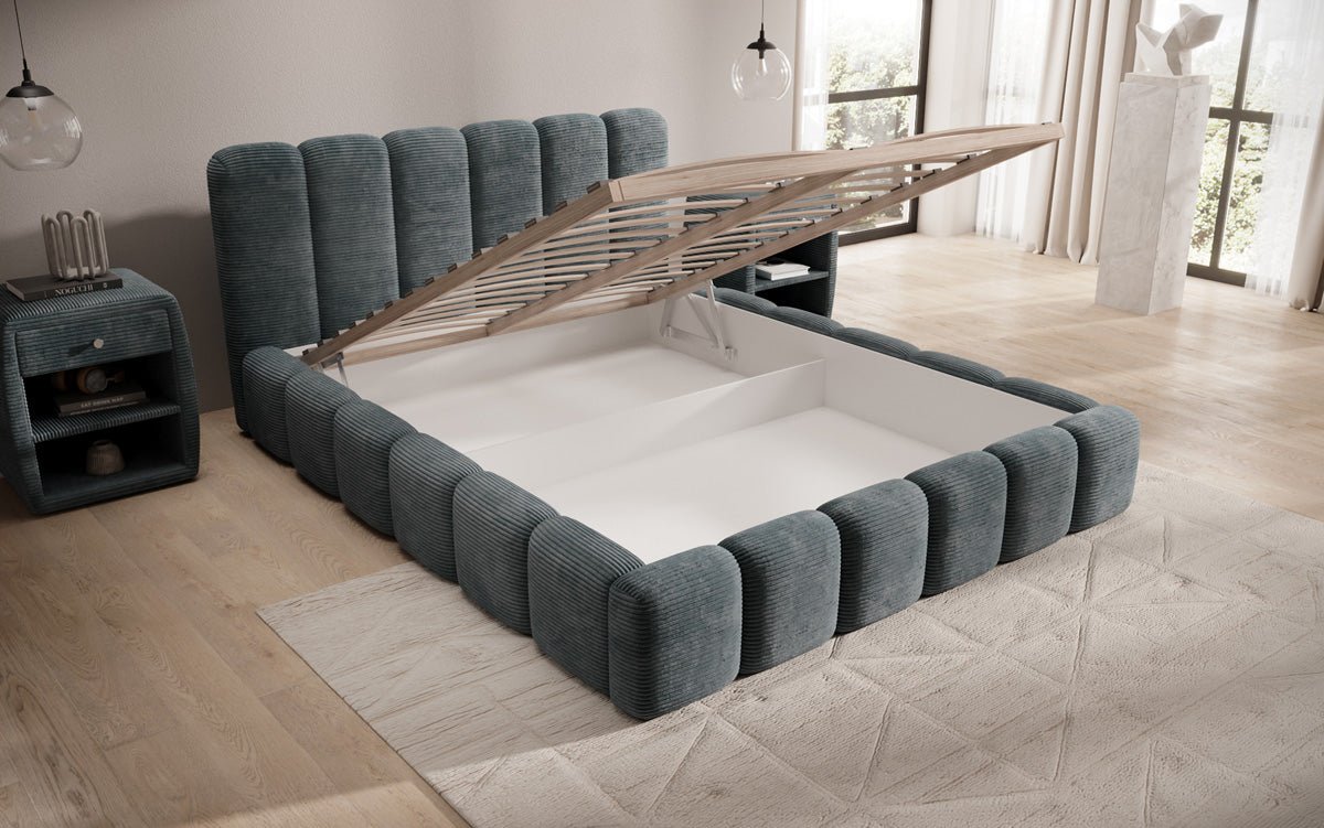 Designerslaapbed Tevara in ribstof met opbergruimte