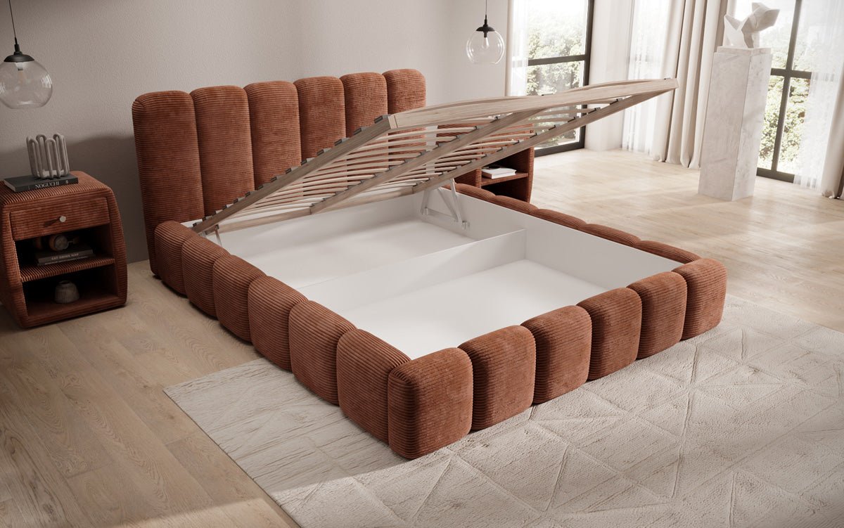 Designerslaapbed Tevara in ribstof met opbergruimte