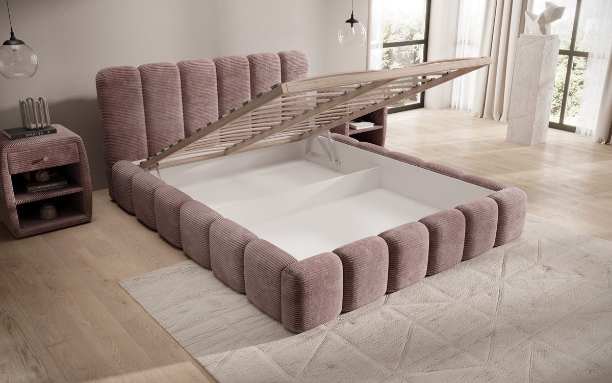 Designerslaapbed Tevara in ribstof met opbergruimte