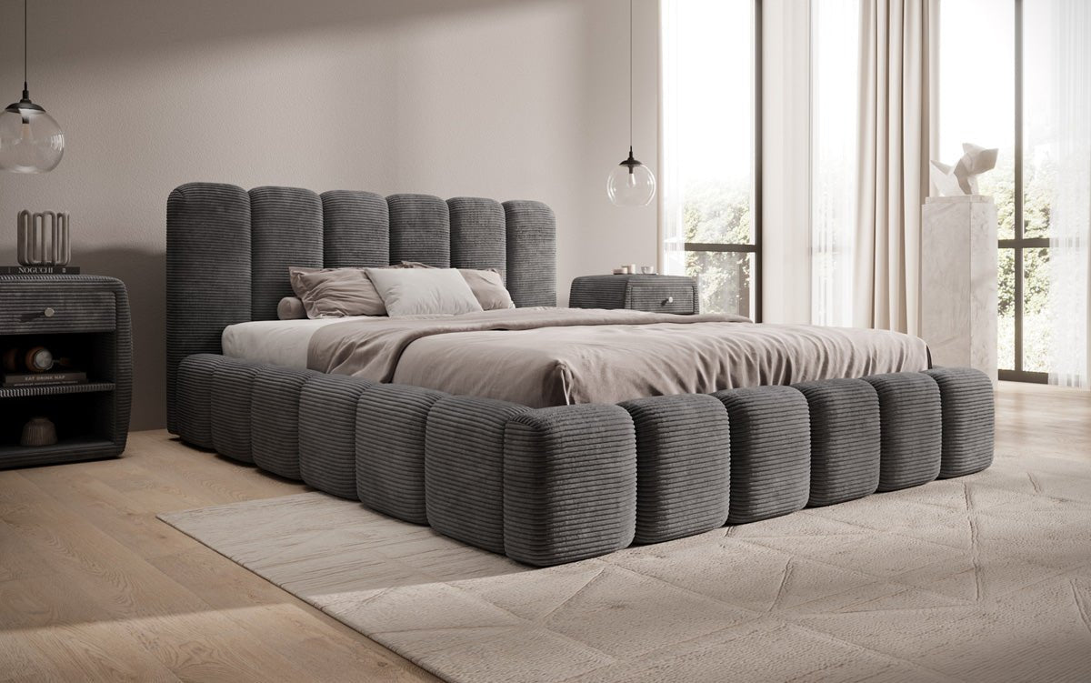 Designerslaapbed Tevara in ribstof met opbergruimte