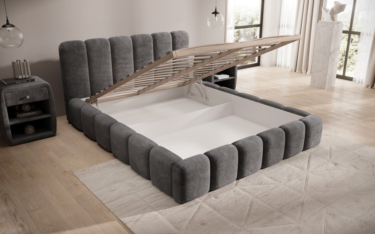 Designerslaapbed Tevara in ribstof met opbergruimte