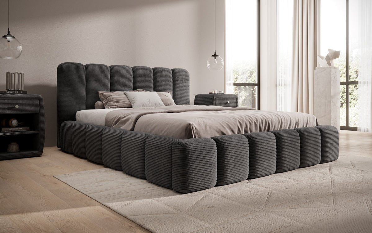 Designerslaapbed Tevara in ribstof met opbergruimte