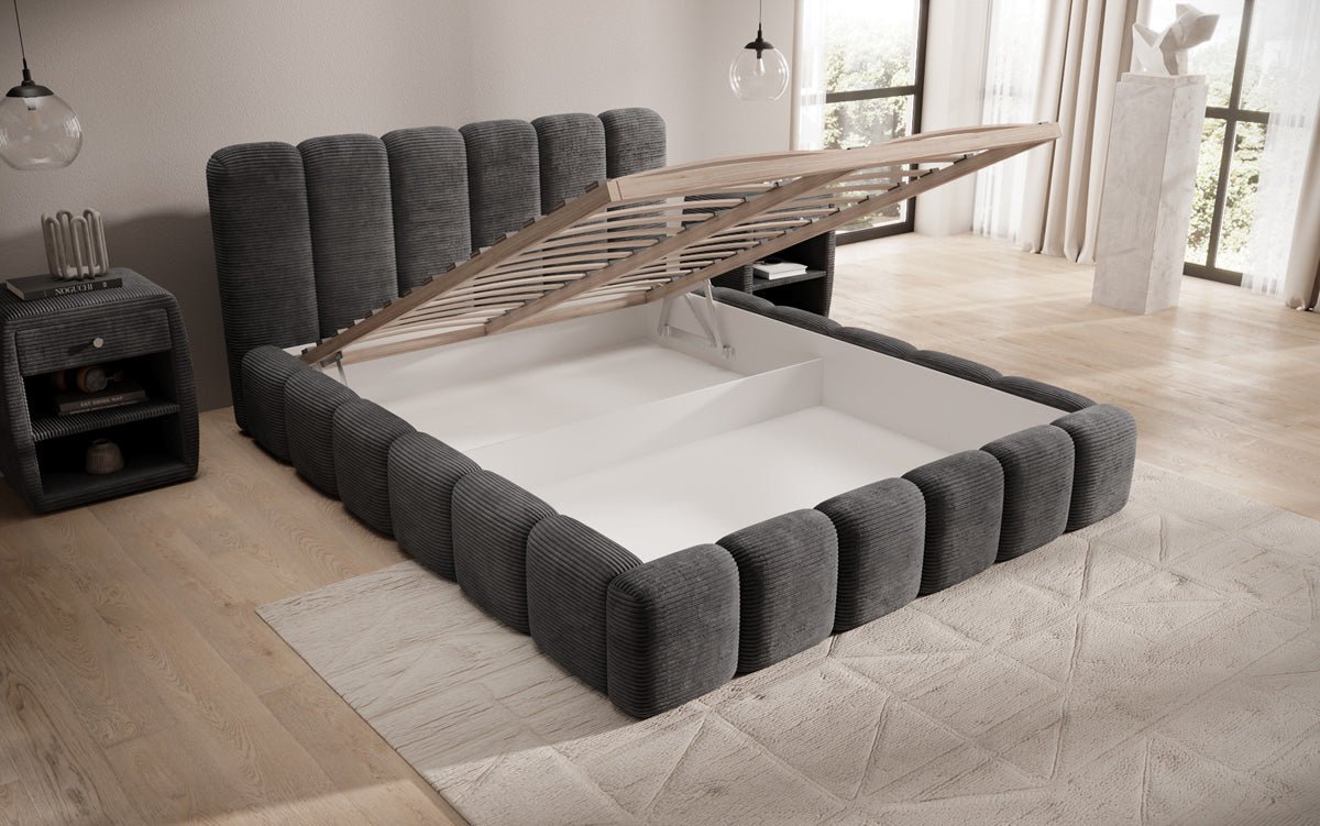 Designerslaapbed Tevara in ribstof met opbergruimte