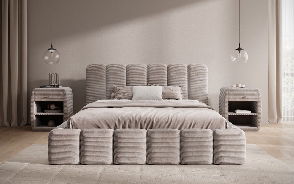 Designerslaapbed Tevara in ribstof met opbergruimte