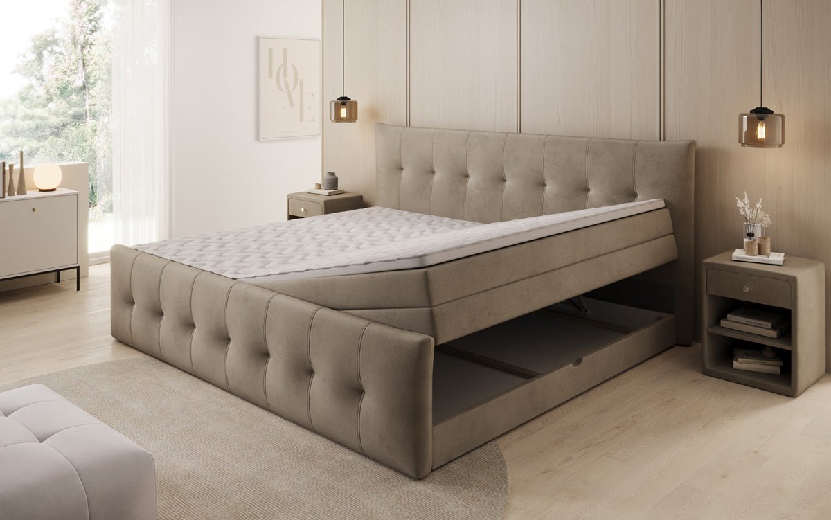 Familie Boxspringbed Valenza – 220/240x200 met opbergruimte in fluweel