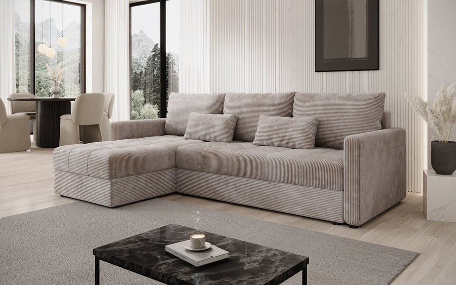 Designer hoekbank Roma in Ribstof met slaap- en uitklapfunctie