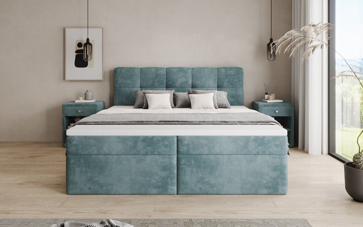 Boxspringbed Cozy II in Ribstof met opbergruimte