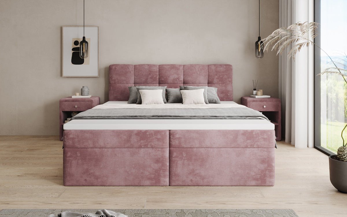 Boxspringbed Cozy II in Ribstof met opbergruimte