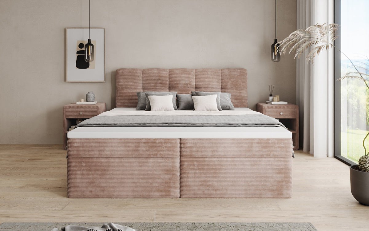 Boxspringbed Cozy II in Ribstof met opbergruimte
