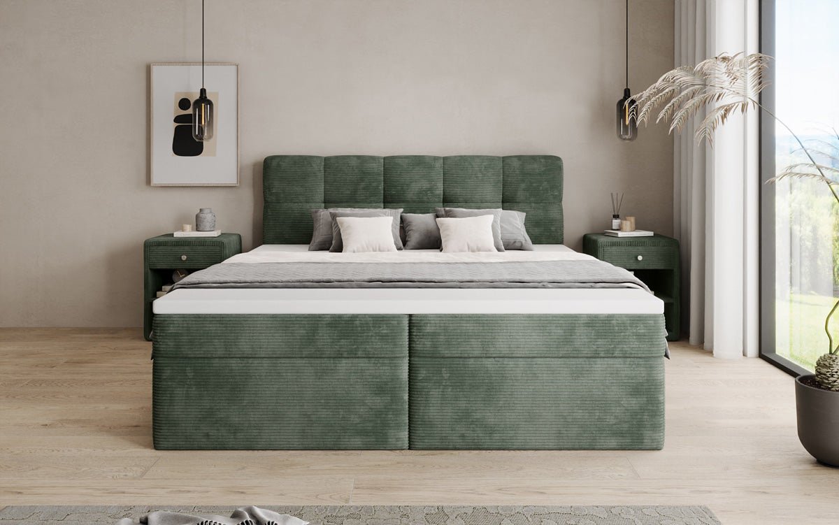 Boxspringbed Cozy II in Ribstof met opbergruimte