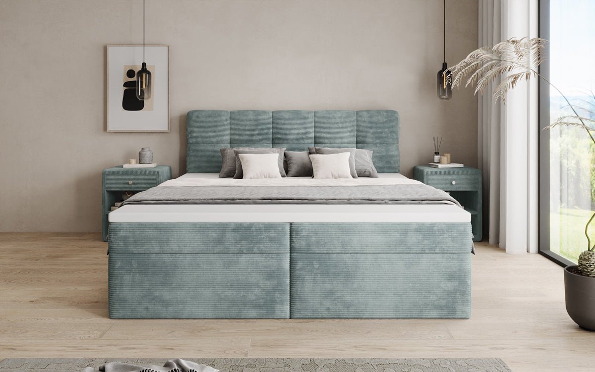 Boxspringbed Cozy II in Ribstof met opbergruimte