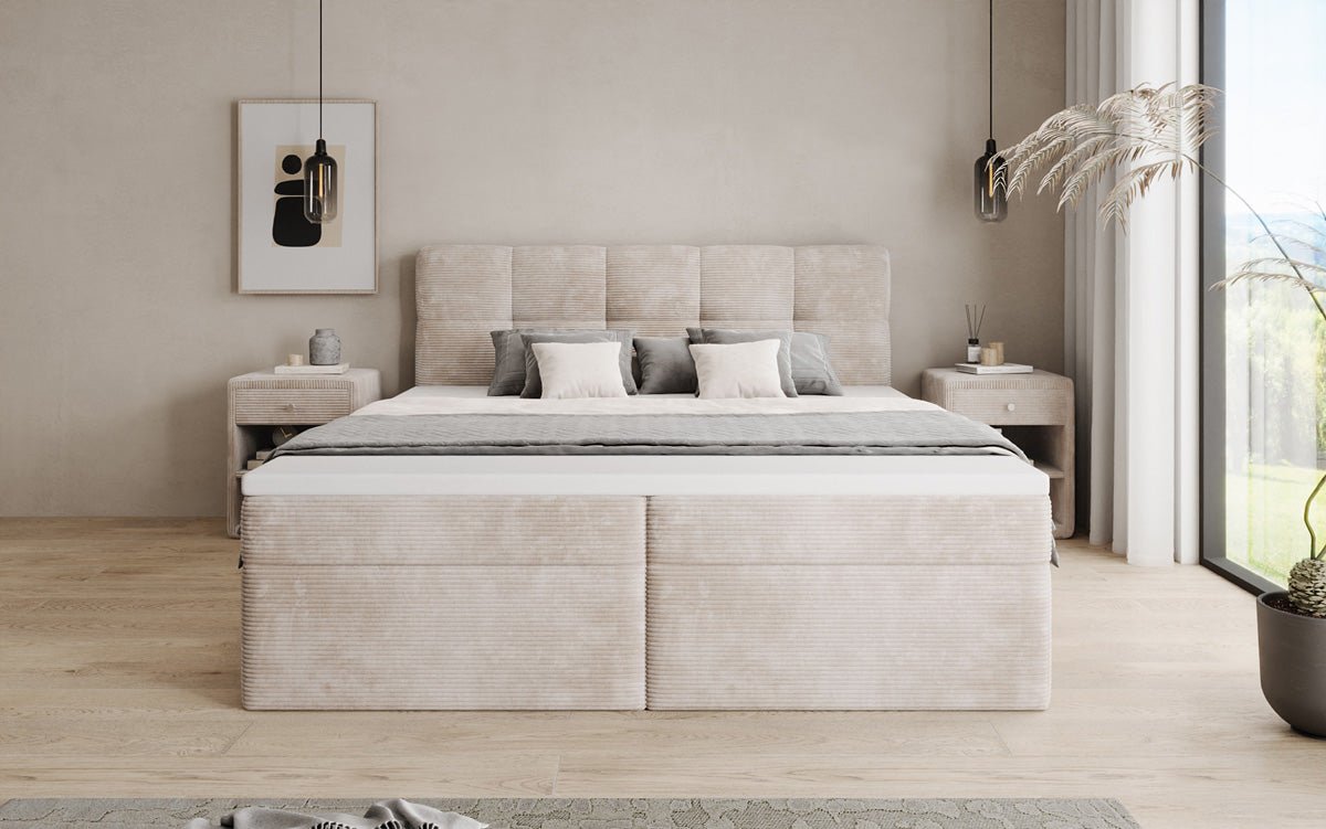 Boxspringbed Cozy II in Ribstof met opbergruimte