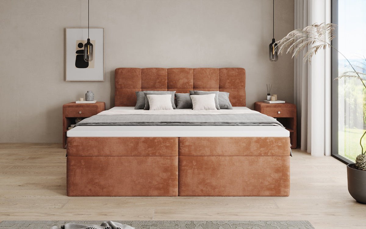 Boxspringbed Cozy II in Ribstof met opbergruimte