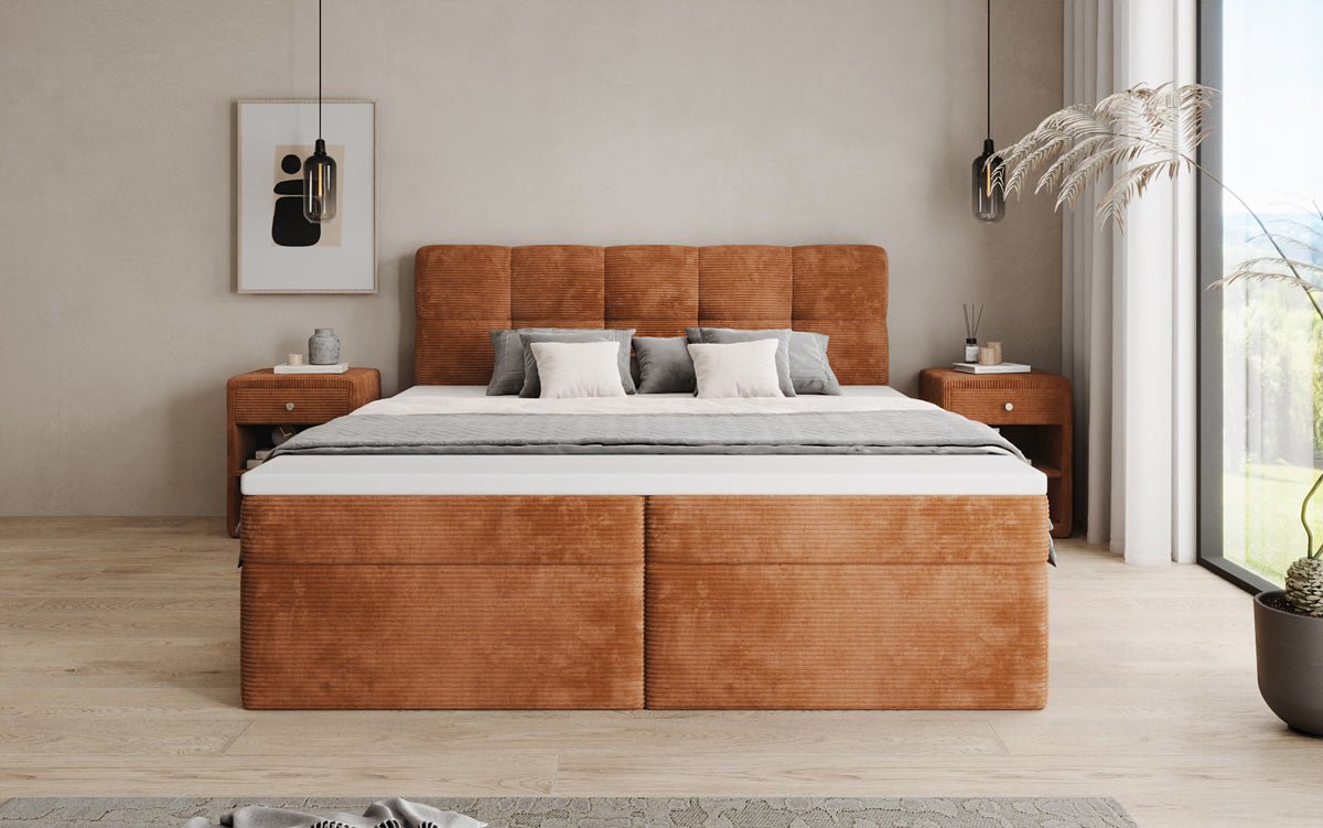 Boxspringbed Cozy II in Ribstof met opbergruimte