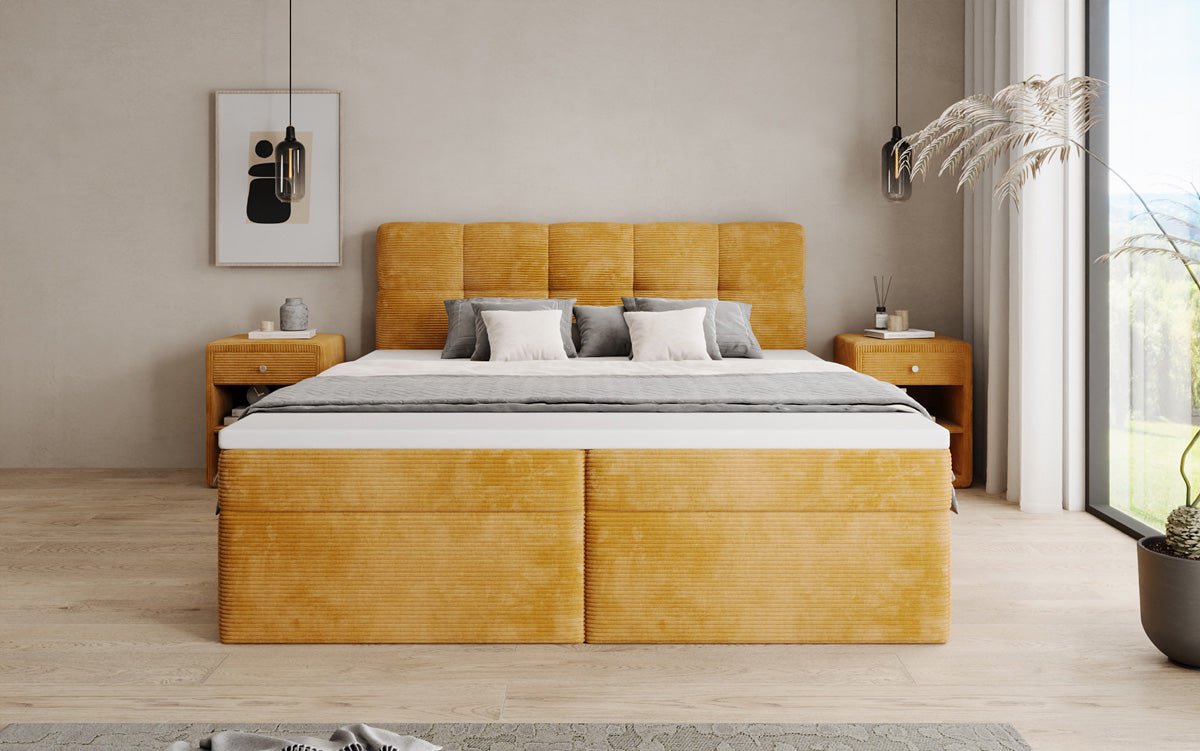 Boxspringbed Cozy II in Ribstof met opbergruimte