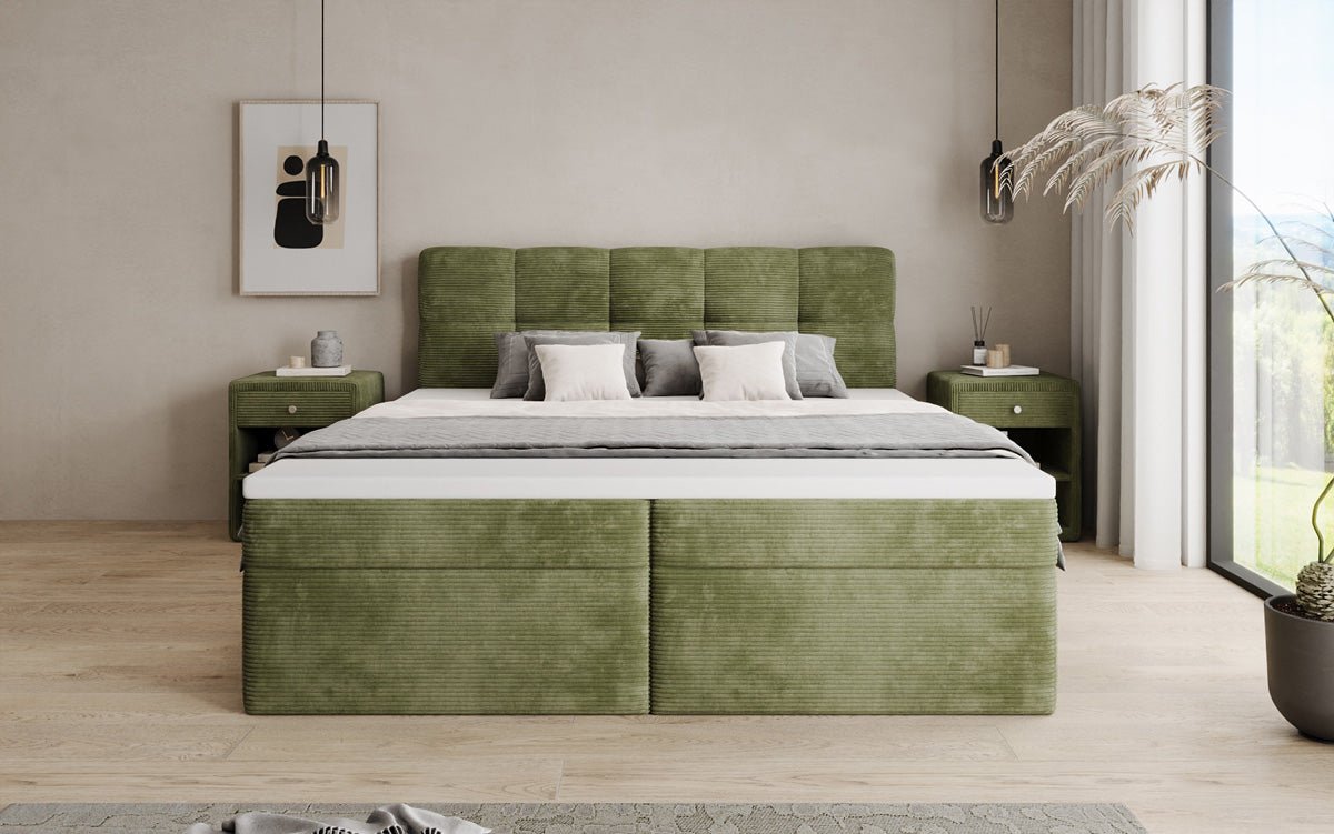 Boxspringbed Cozy II in Ribstof met opbergruimte