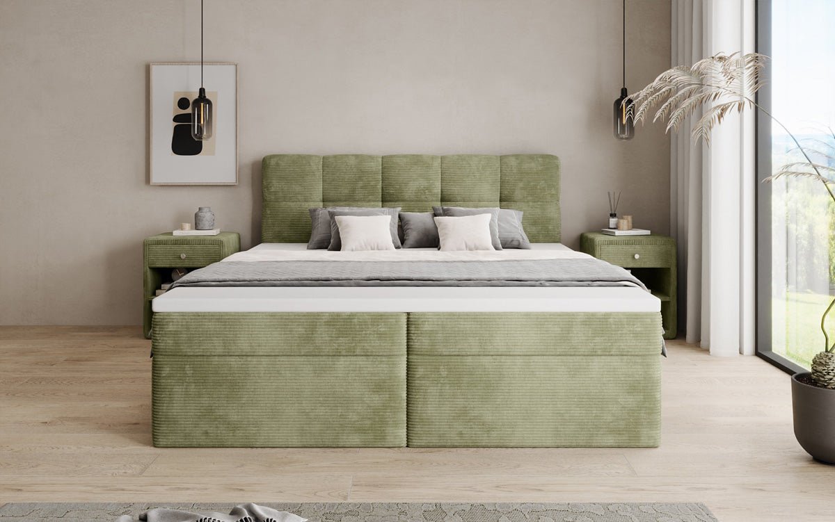 Boxspringbed Cozy II in Ribstof met opbergruimte