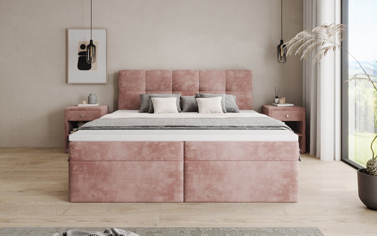 Boxspringbed Cozy II in Ribstof met opbergruimte
