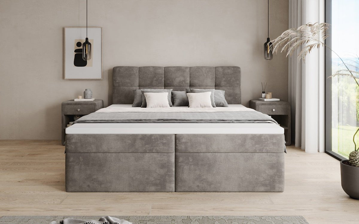 Boxspringbed Cozy II in Ribstof met opbergruimte