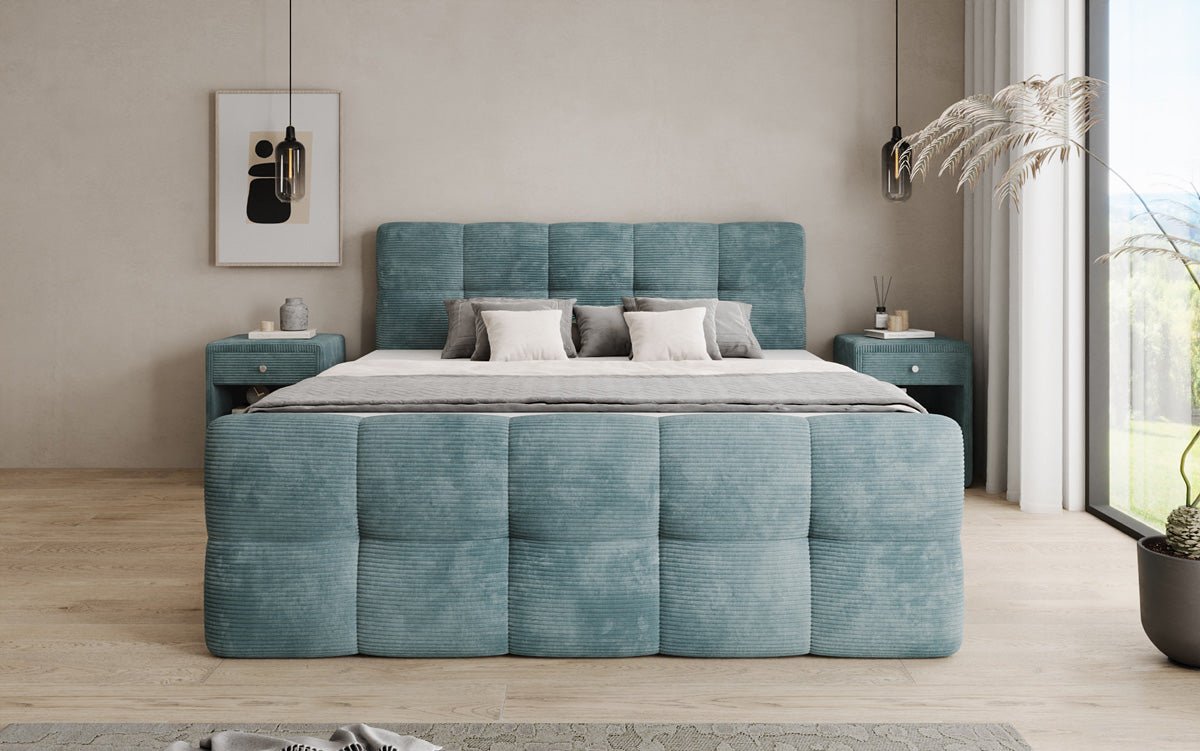 Boxspringbed Cozy in Ribstof met opbergruimte