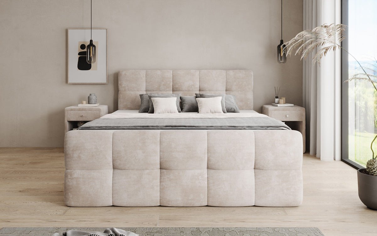 Boxspringbed Cozy in Ribstof met opbergruimte