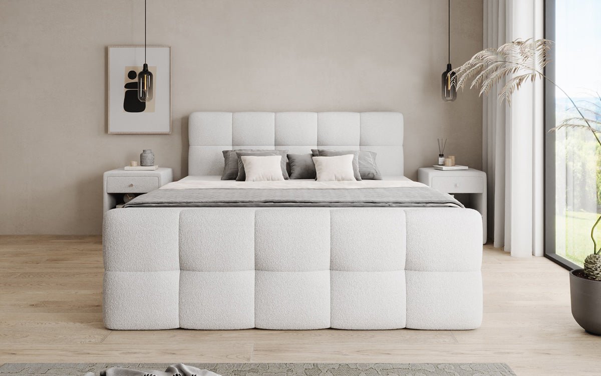 Boxspringbed Cozy in Teddystof Bouclé met opbergruimte