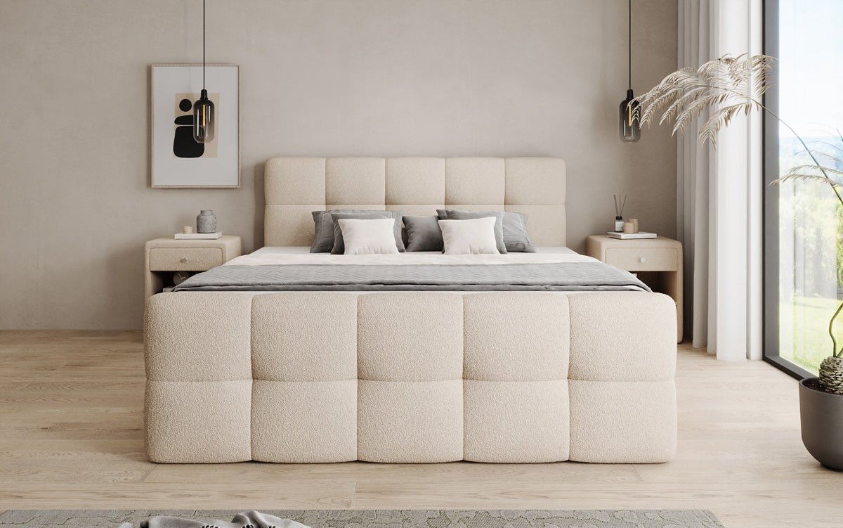 Boxspringbed Cozy in Teddystof Bouclé met opbergruimte