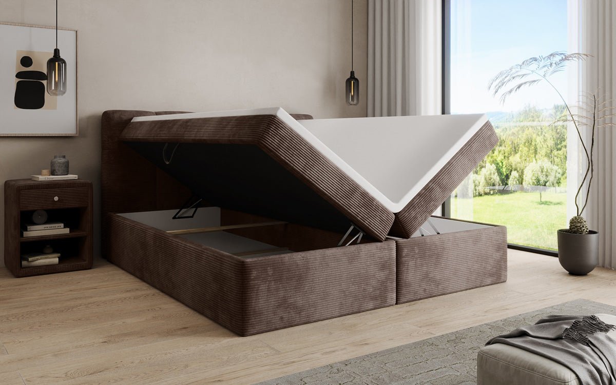 Boxspringbed Cozy II in Ribstof met opbergruimte