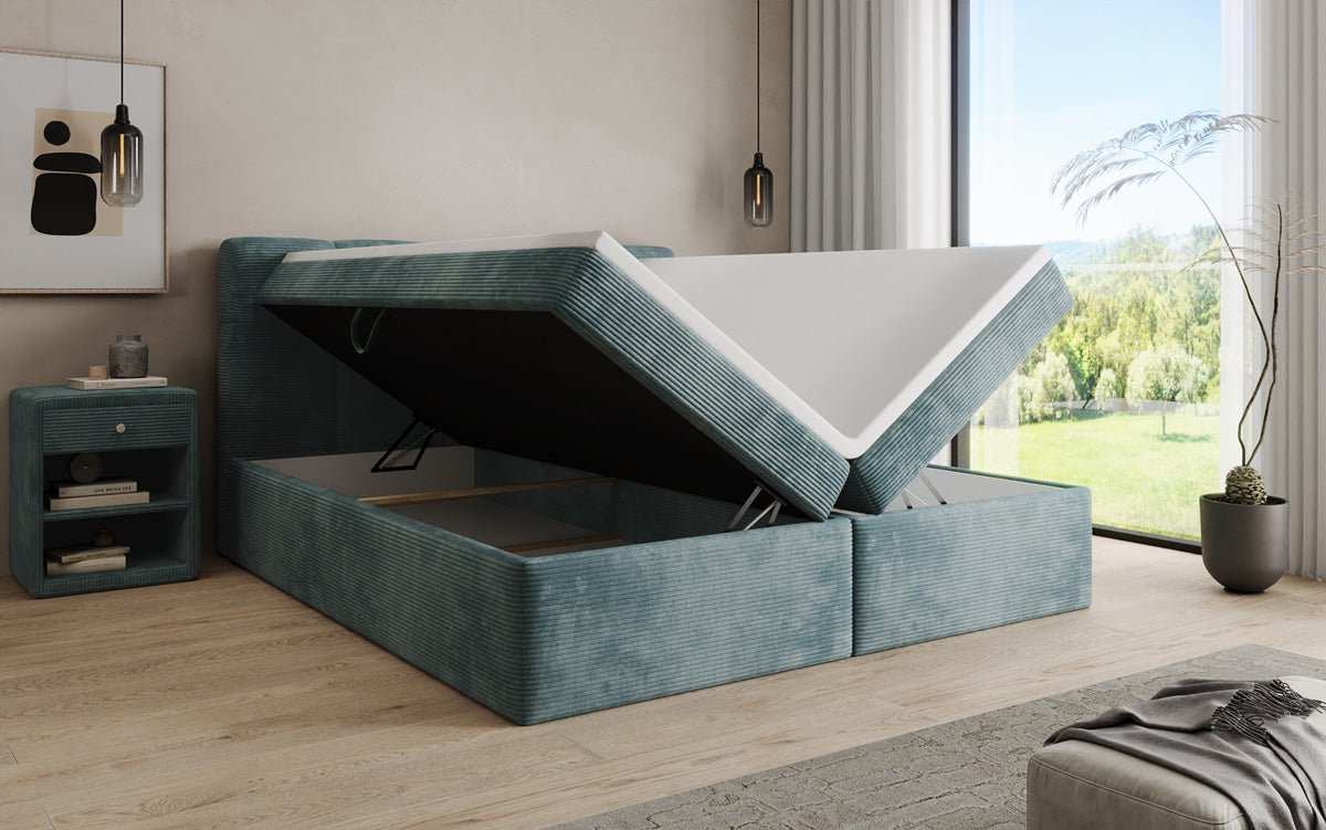 Boxspringbed Cozy II in Ribstof met opbergruimte