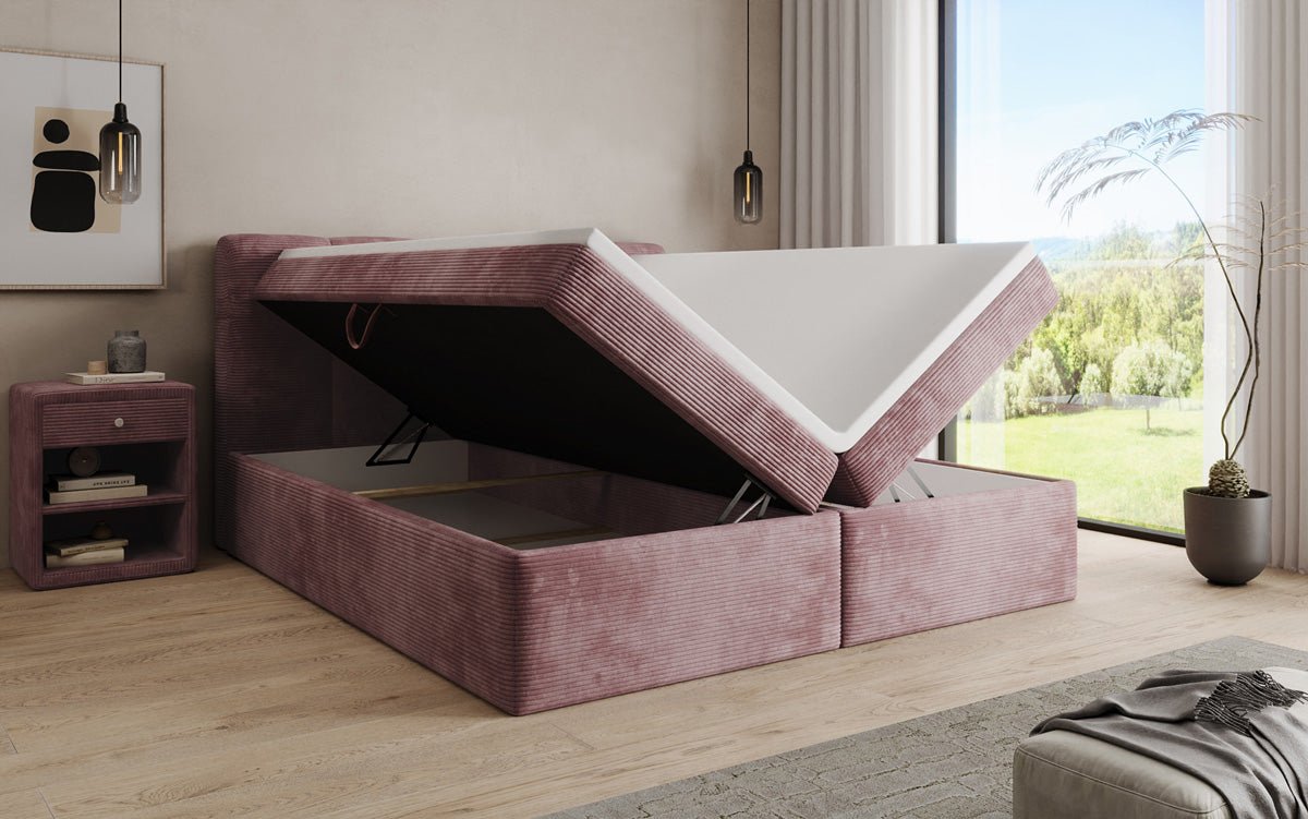 Boxspringbed Cozy II in Ribstof met opbergruimte