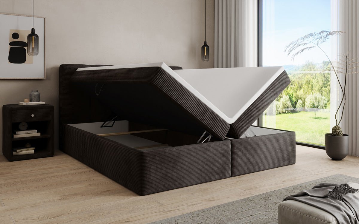 Boxspringbed Cozy II in Ribstof met opbergruimte