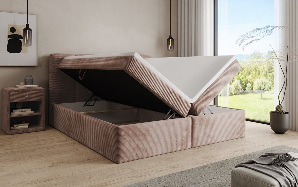 Boxspringbed Cozy II in Ribstof met opbergruimte