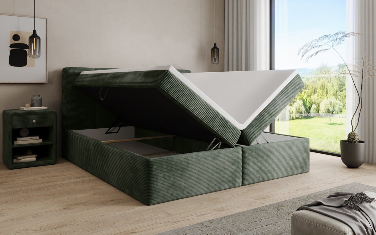 Boxspringbed Cozy II in Ribstof met opbergruimte