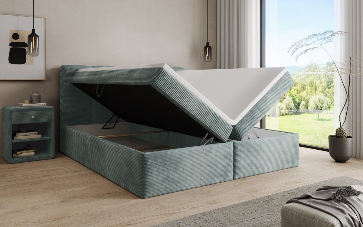 Boxspringbed Cozy II in Ribstof met opbergruimte