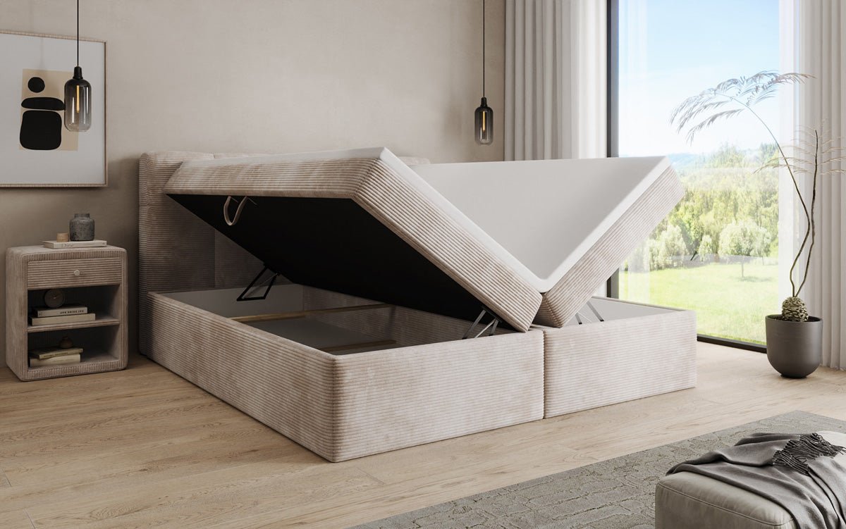 Boxspringbed Cozy II in Ribstof met opbergruimte