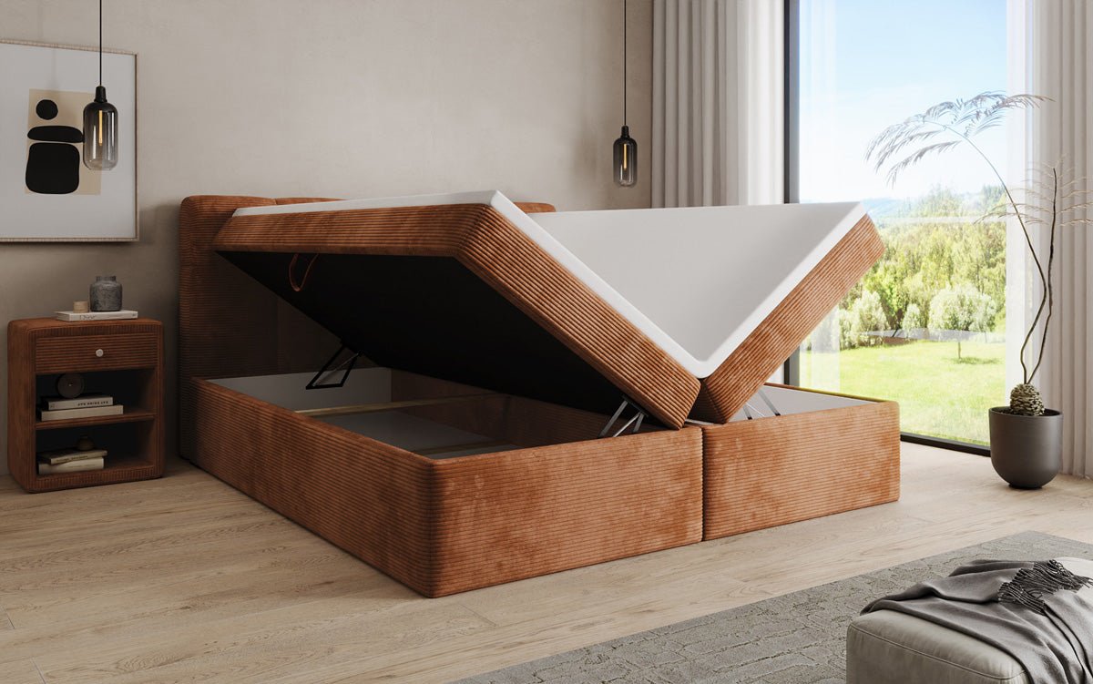 Boxspringbed Cozy II in Ribstof met opbergruimte