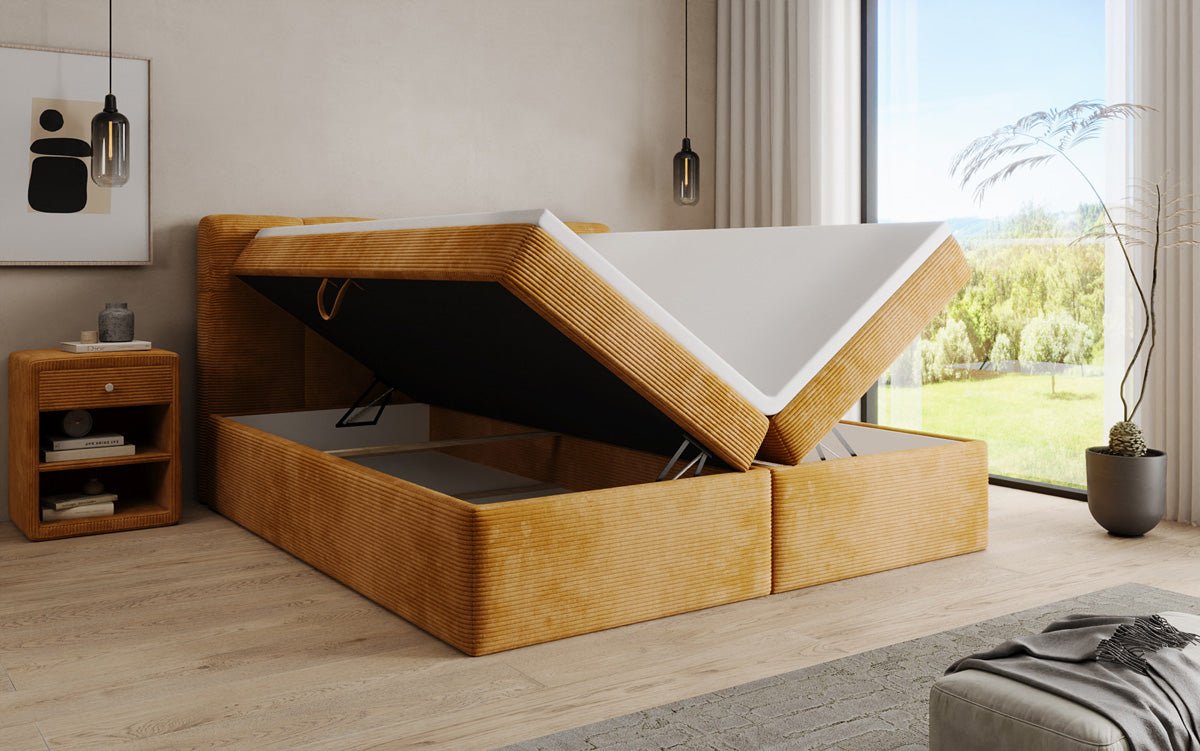Boxspringbed Cozy II in Ribstof met opbergruimte