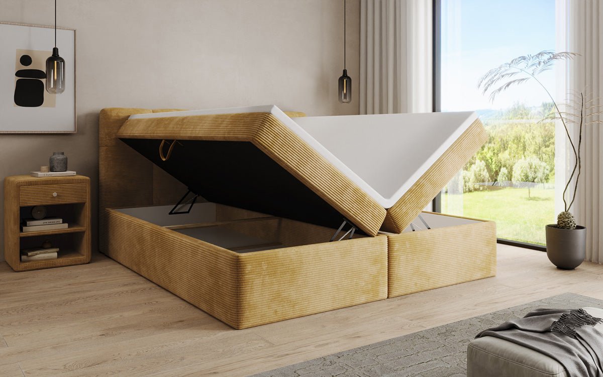 Boxspringbed Cozy II in Ribstof met opbergruimte