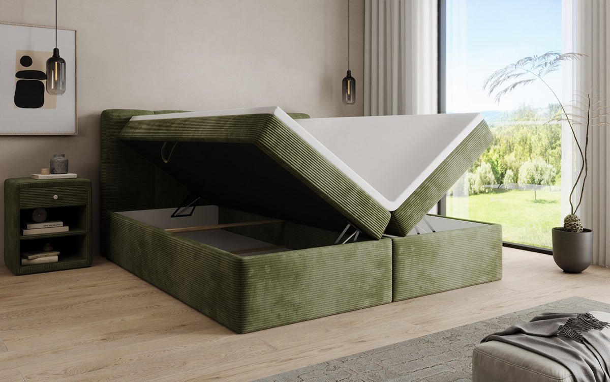 Boxspringbed Cozy II in Ribstof met opbergruimte