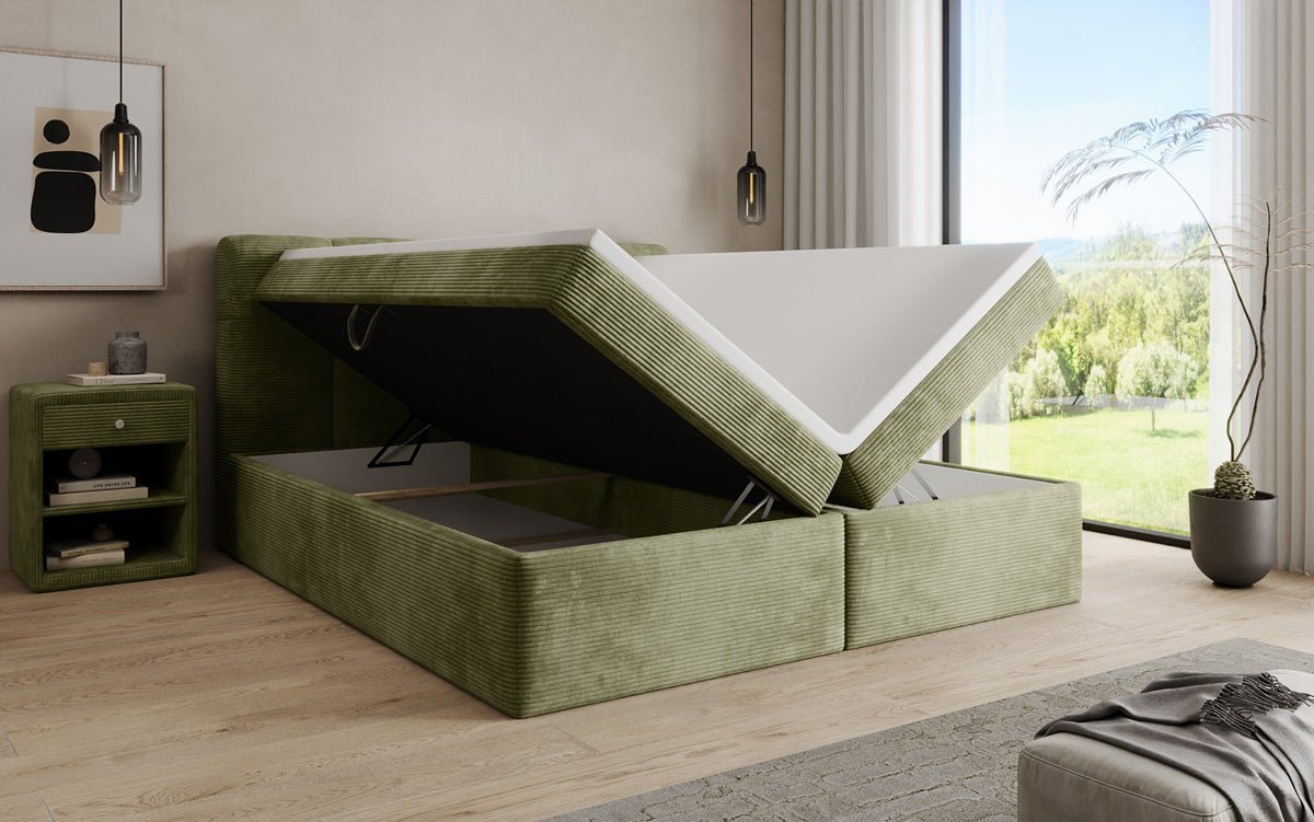 Boxspringbed Cozy II in Ribstof met opbergruimte