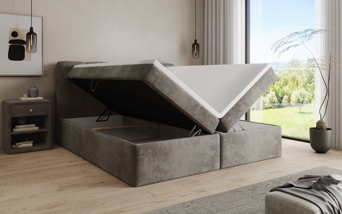 Boxspringbed Cozy II in Ribstof met opbergruimte