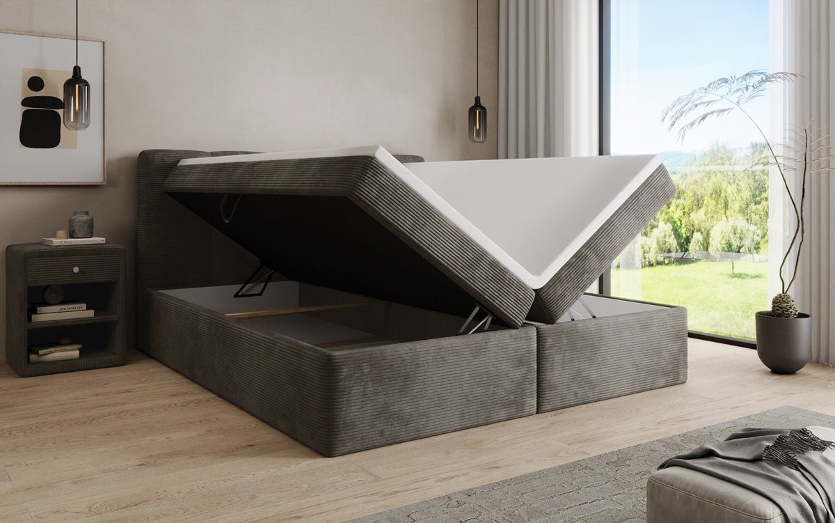 Boxspringbed Cozy II in Ribstof met opbergruimte