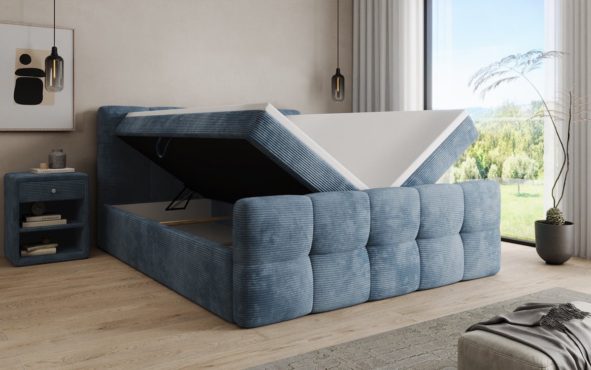 Boxspringbed Cozy in Ribstof met opbergruimte