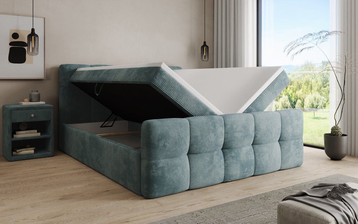 Boxspringbed Cozy in Ribstof met opbergruimte