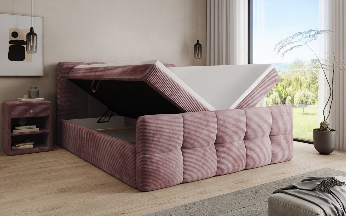 Boxspringbed Cozy in Ribstof met opbergruimte